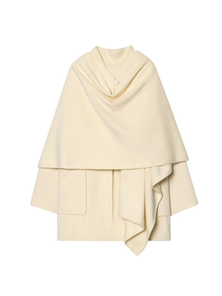 Women's Elegant Overcoat Fashion Long Sleeve Pockets Scarf Decor Woolen Jacket Solid Winter New Loose Office Lady Streetwear ﻿