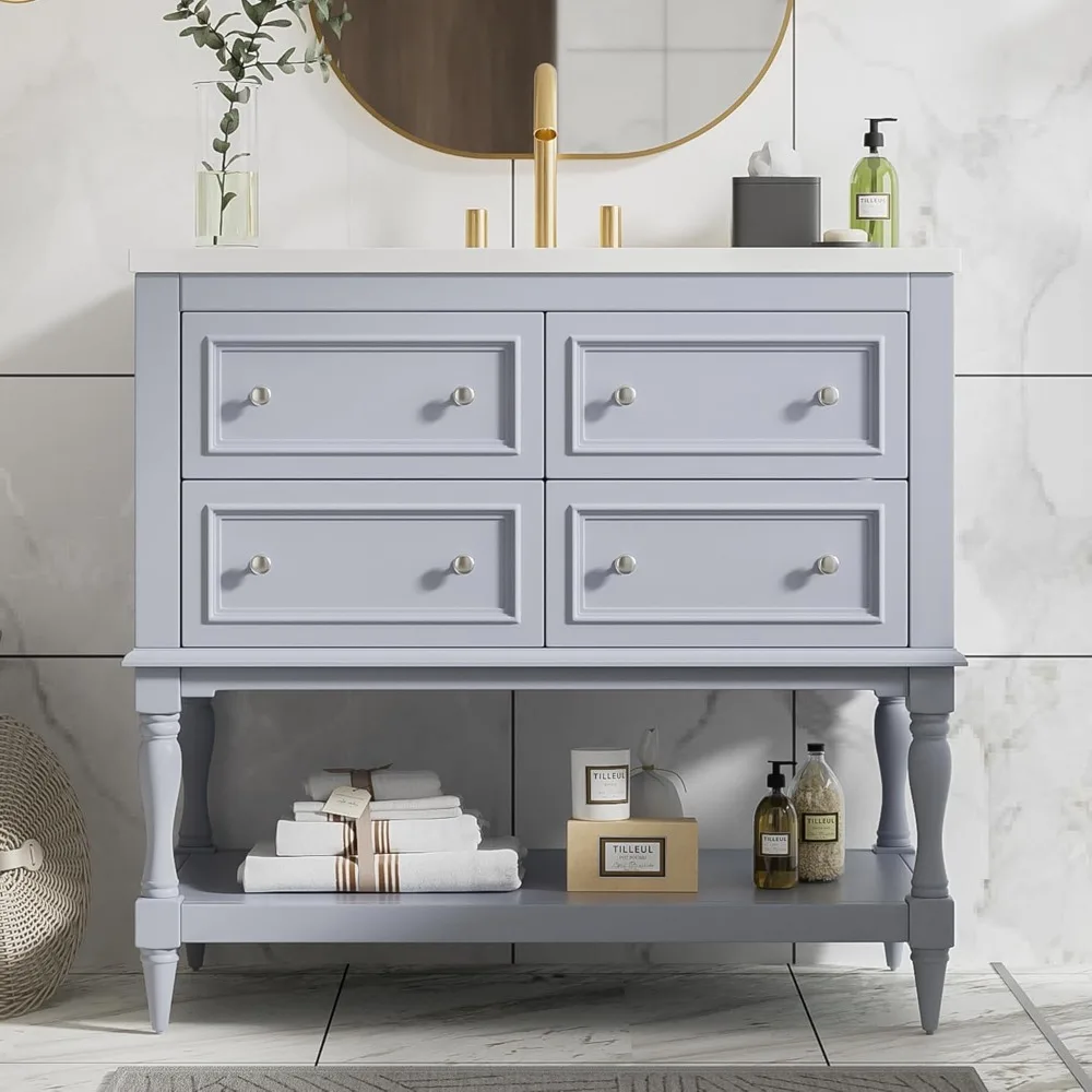 36" Bathroom Vanity with Sink, Farmhouse Bathroom Vanity Storage Cabinet with 4 Drawers and Open Shelf, Solid Wood Frame 2