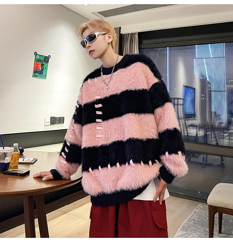 Description Picture 5 of itemNew Arrival Men Sweater Autumn and Winter Soft Warm Striped Contrast Color Pullover Round-Neck Knitted Warm Sweaters D64