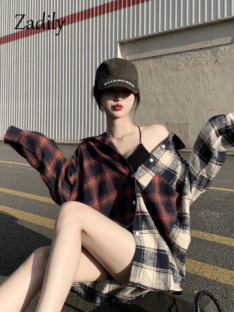 

Zadily 2022 Autumn Korean style Long Sleeve Patchwork Cotton Shirt Women Casual Oversize Button Up Plaid Ladies Tunic Blouse Top