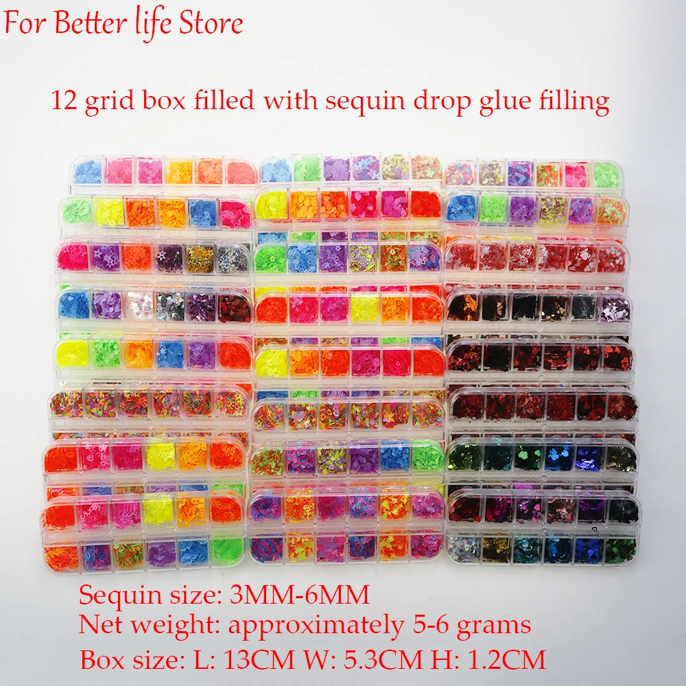 

1 Box 12 Cell Long Box 3/4/5/6mm Manicure Butterfly Plum Blossom Sequin Decoration Filling, Handmade Drip Glue DIY Available