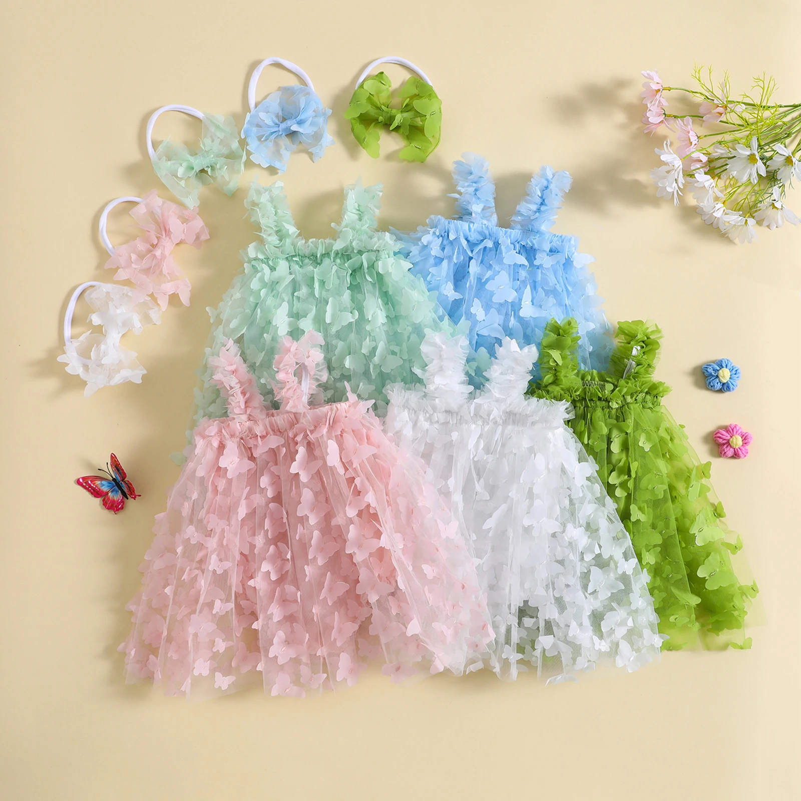 

Infant Baby Girls Romper Dress A Line Tulle Princess 3D Appliques Spaghetti Straps Layered Sleeveless Bow Headband Summer Outfit