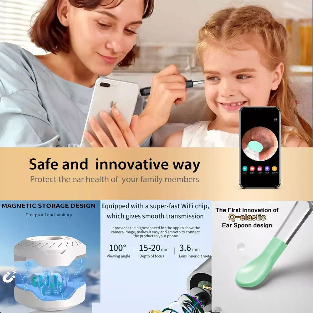 Wireless Wax Remover, Camera HD Ear Endoscope Spoon Pick Cleaning Tools Kit 4