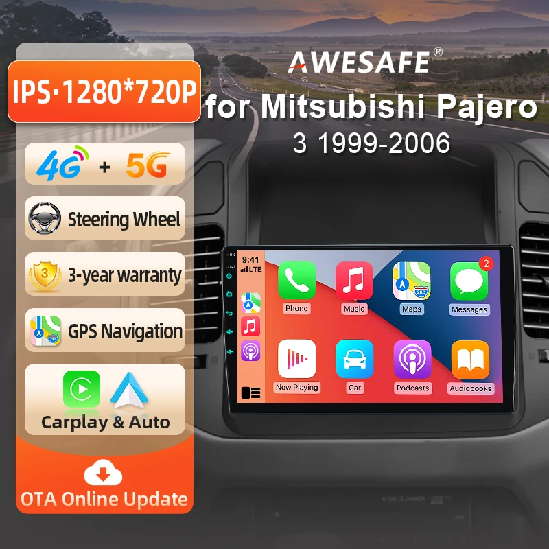 AWESAFE Radio Android de 9 pulgadas para Mitsubishi Pajero 3 V60/V68/V73 1999-2006, CarPlay inalámbrico y Android Auto, navegación GPS, soporte multimedia, control del volante, amplificador de subwoofer, cámara trasera con CAN-BUS, Plug and Play, DAB+, autoradio digital 2 DIN RDS 1