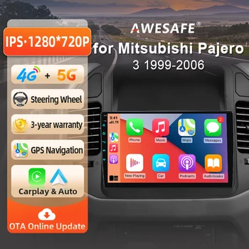 AWESAFE Radio Android de 9 pulgadas para Mitsubishi Pajero 3 V60/V68/V73 1999-2006, CarPlay inalámbrico y Android Auto, navegación GPS, soporte multimedia, control del volante, amplificador de subwoofer, cámara trasera con CAN-BUS, Plug and Play, DAB+, autoradio digital 2 DIN RDS 1