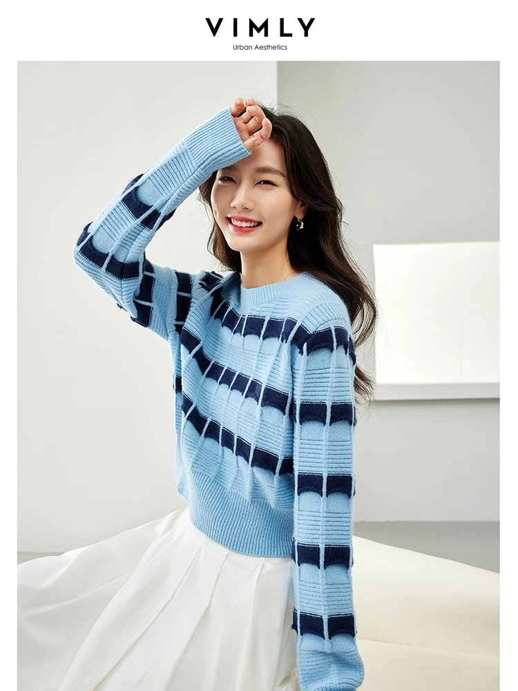 

Vimly Contrast Striped Short Knitted Sweater 2024 Spring O-neck Casual Pullovers Thick Warm Long Sleeve Top for Woman 72791