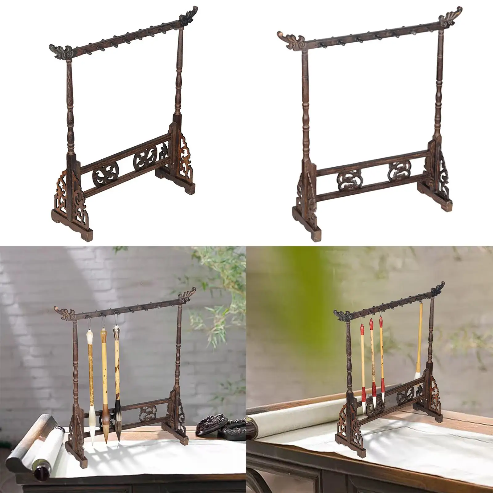 Wood Carving Calligraphy Brush Holder Antique Style Brush Stand Hanger 14/16Hook Traditional Chinese Painting Writing Pen Holder