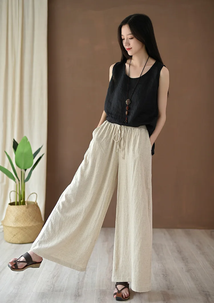 cropped leggings Full Length Wide Leg Pants Vintage Loose Elastic Waist Solid Color 2022 New Summer Clothes Pockets Women Pants RV874 carhartt pants