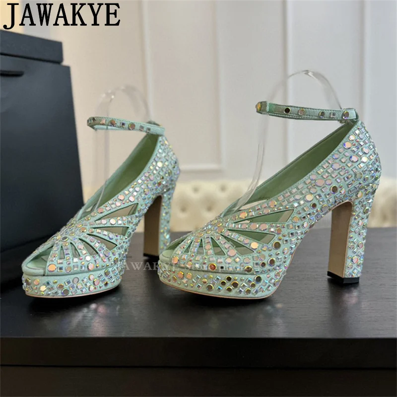 

Summer Ankle Buckle Crystal High Heels Sandals Women Hollow Open Toe Platform Thick Sole Designer Pumps Sexy Luxury Dress Shoes