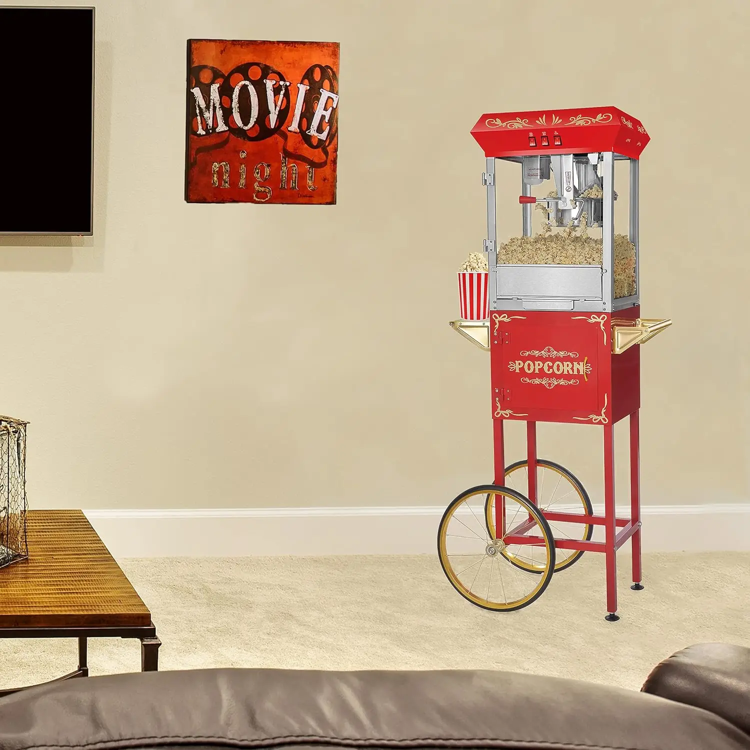 Popcorn Machine with Cart 8oz Popper with Stainless-Steel Kettle, Warming Light