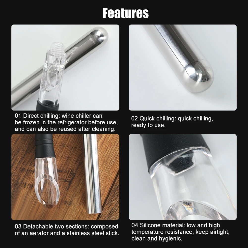 Wine Chiller Stick 3 In 1 Wine Cooler Stainless Steel Chiller Bar with Pourer Aerator Iceless Chilling Rod Gift