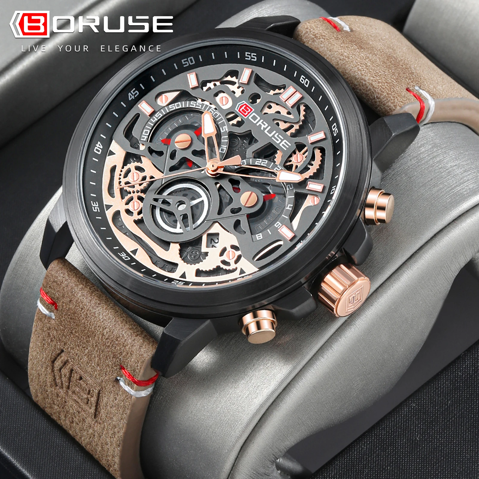 BORUSE Luxury Men's Quartz Wristwatch Brown Leather Strap Date Calendar Chronograph Waterproof Luminous Quartz Watch for Men
