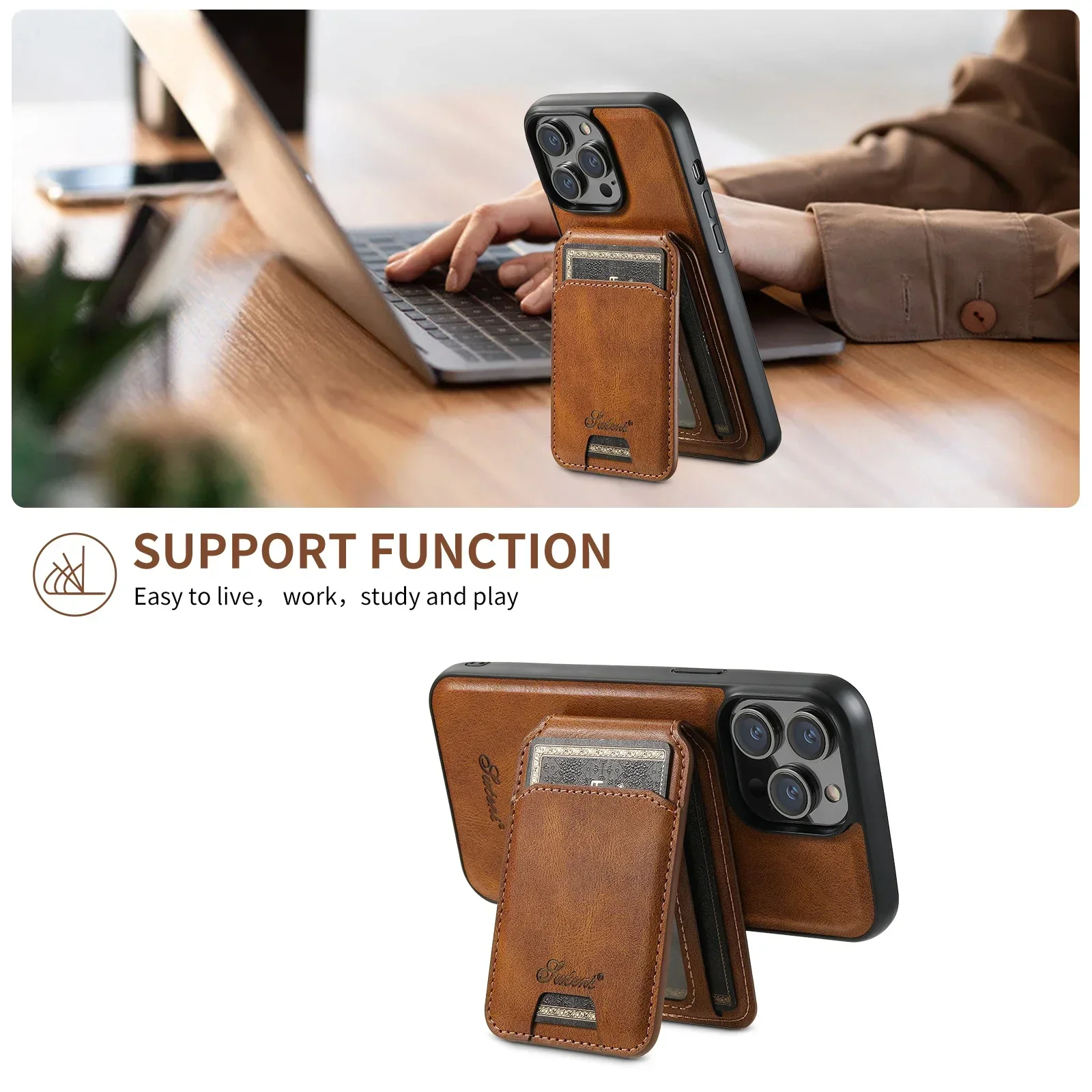 EUCAGR Magsafe Magnetic Leather Wallet Case - 2 In 1 Detachable Shockproof Holder Cover