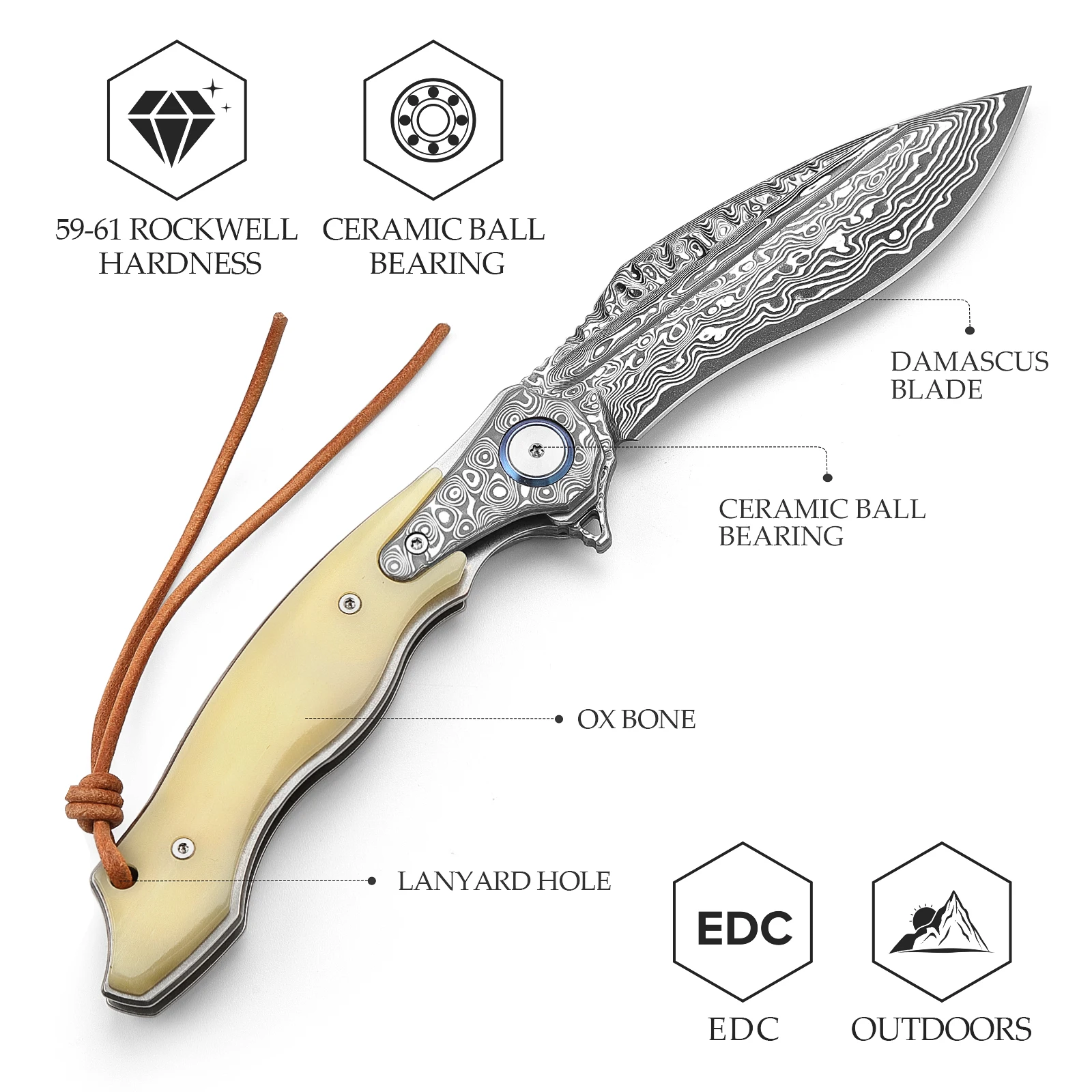 TRIVISA Damascus Folding Pocket Knife for Men, EDC Flipper Knife，Handmade OX Bone Handle，Camping Good knife，Collection & Gifts 3