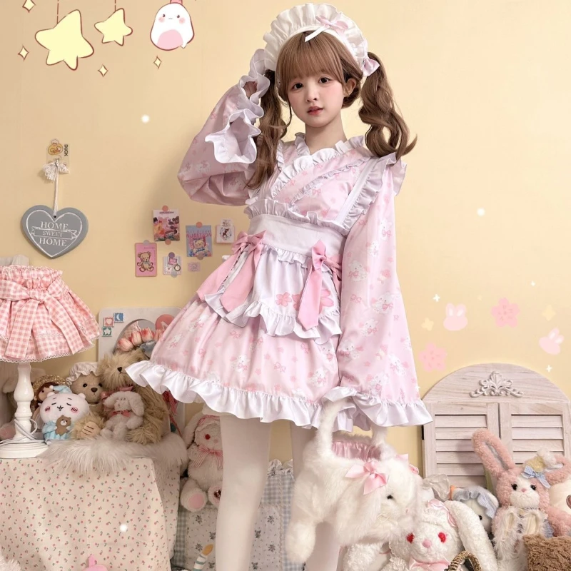 Japanese Kawaii Lolita Dress Women Sweet Cute Bunny Print Bow Party Mini Dresses Harajuku Y2k Ruffes Apron Maid Lolita Set