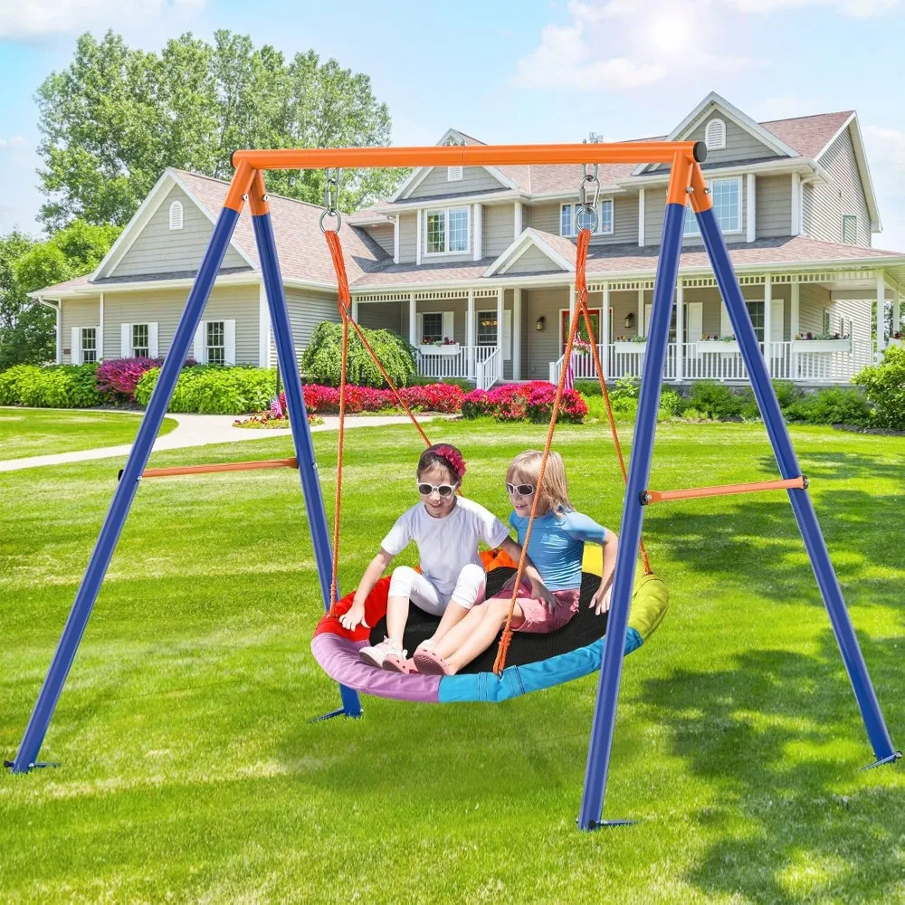 Swing Set with Heavy-Duty Metal Frame and Adjustable Ropes, Safe Waterproof Round Swing for Backyard Playground Park