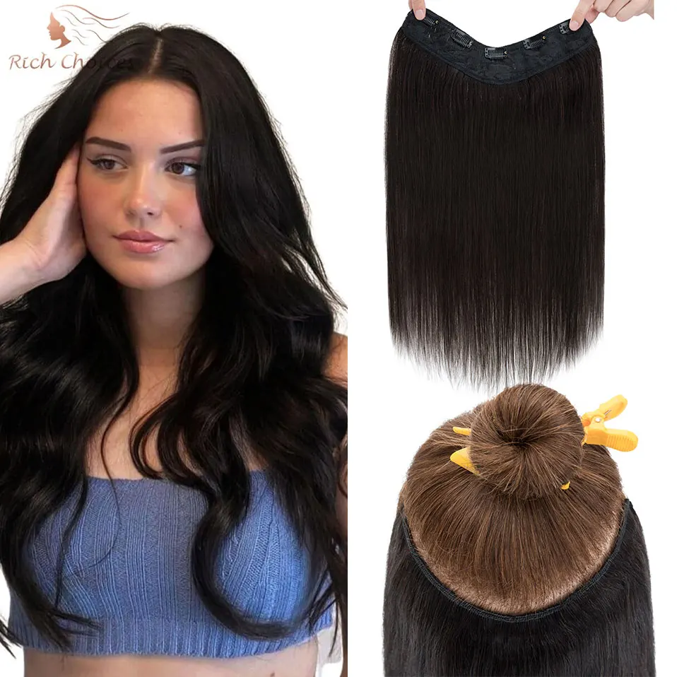 V Shape One Piece Clip In Hair Extensions Human Hair Hairpiece Clip in Seamless Weft Silky Straight For Women