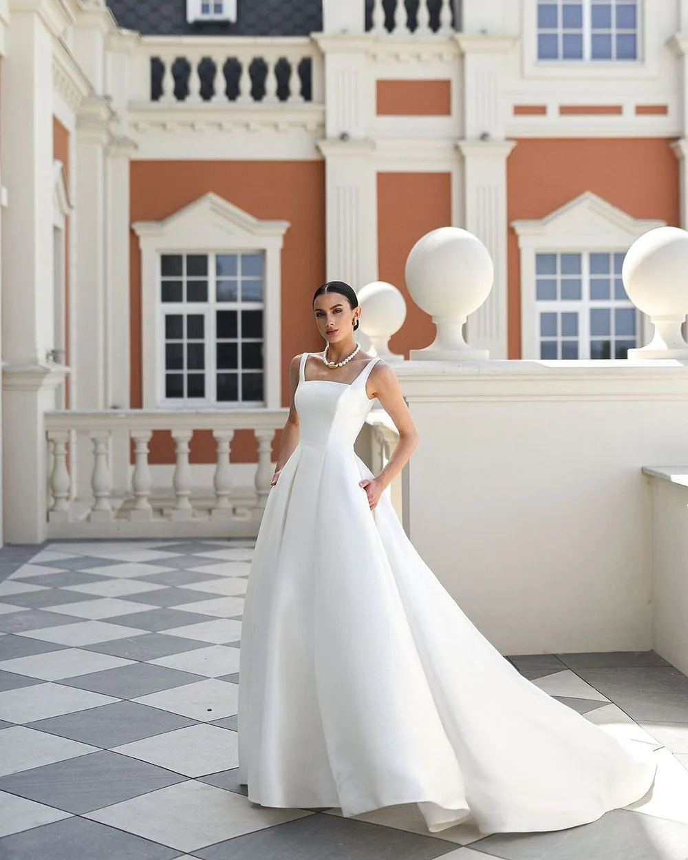 Modern Elegant Mermaid Wedding Dresses Pockets Square Collar Open Back Satin Bridal Gown Sweep Train Customized 3