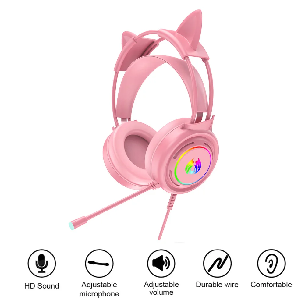 Pink Gaming Headset Cute Girl Cat Ear Stereo Headphones with Mic RGB