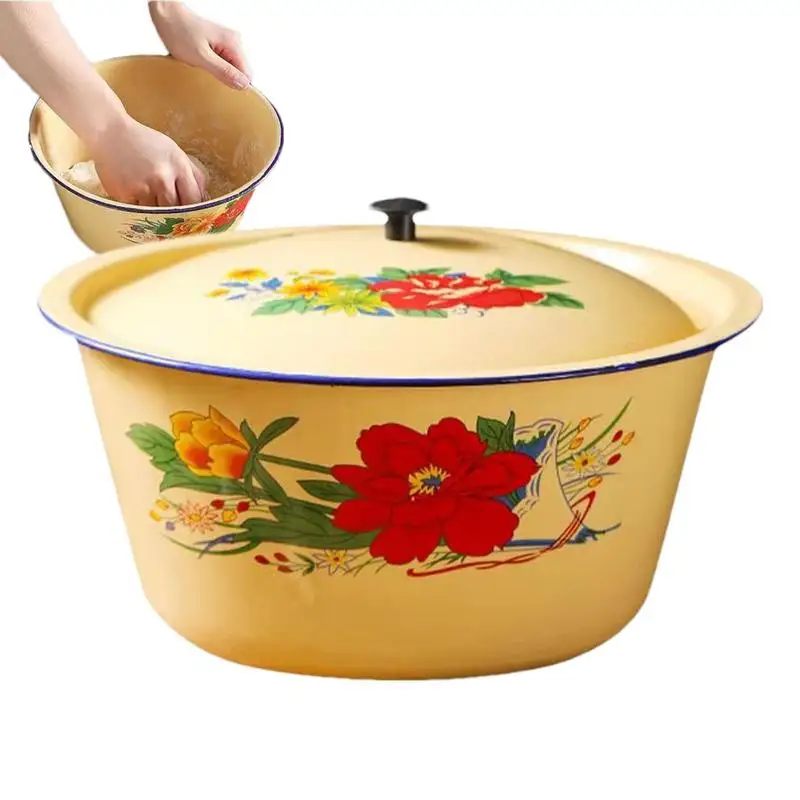 Portable Food Container Enamel Bowl Retro Vintage Bowls Basin Classic Cake Containers with Lid Vegetable Pot Ware