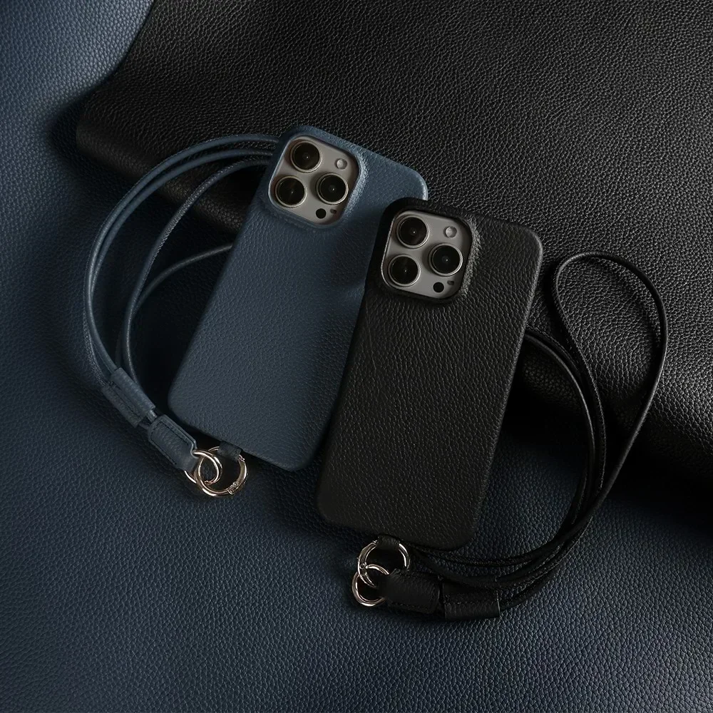 Cowhide Genuine Leather Case For iPhone 16 Pro Max 15Pro 11 13 12pro 14Pro 14 Strap Crossbody Lanyard Phone Cover Coque
