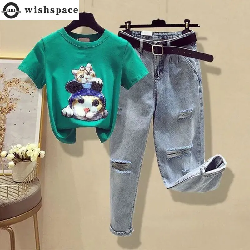 

Casual Women's Suit 2023 Spring and Summer Kitten Sequin Short-sleeved T-shirt Blouse+high-waisted Harlan Jeans Two-piece Set