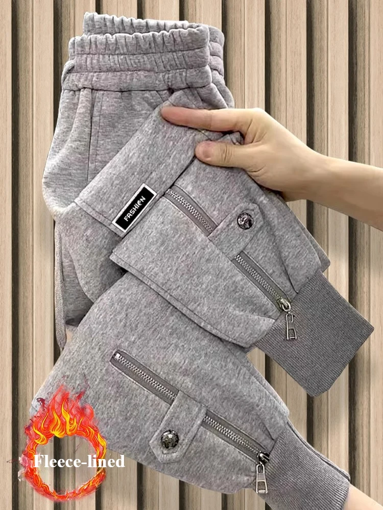 Pantaloni della tuta ispessiti Autunno Inverno Foderato in pile Pantaloni Harlan caldi Moda donna Y2k Pantaloni sportivi dimagranti allentati Donna 1