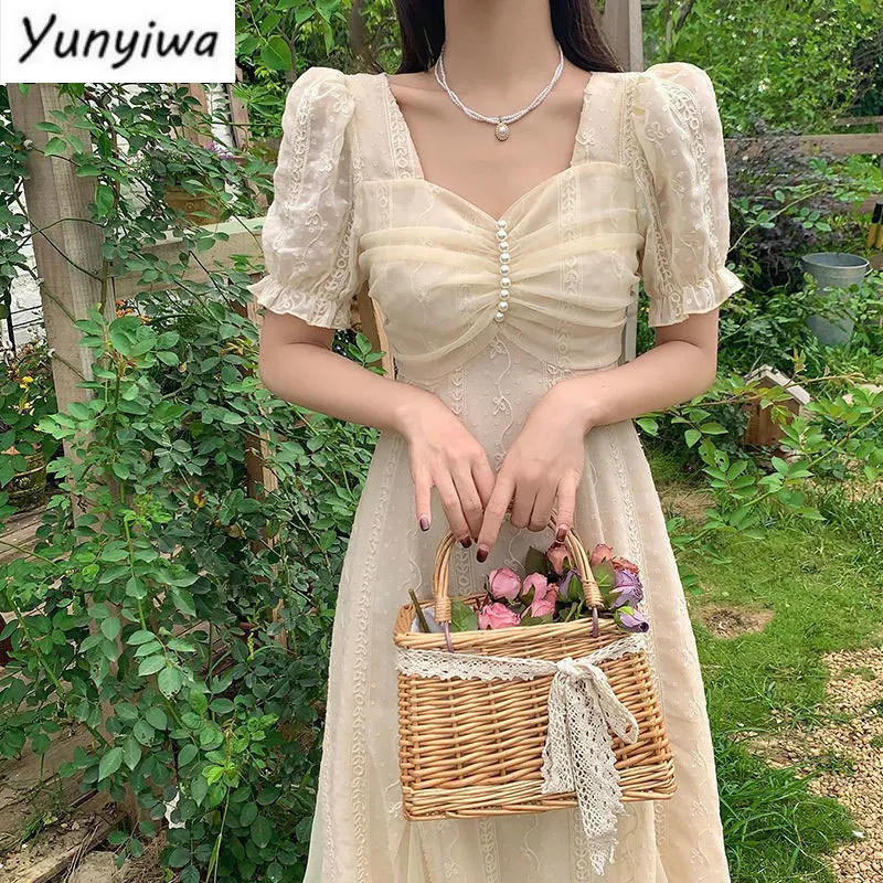 

French Vinatge Lace Midi Dresses Women Short Sleeve Elegant Sweet Dress Party One Piece of Korean Fahion 2022 Summer