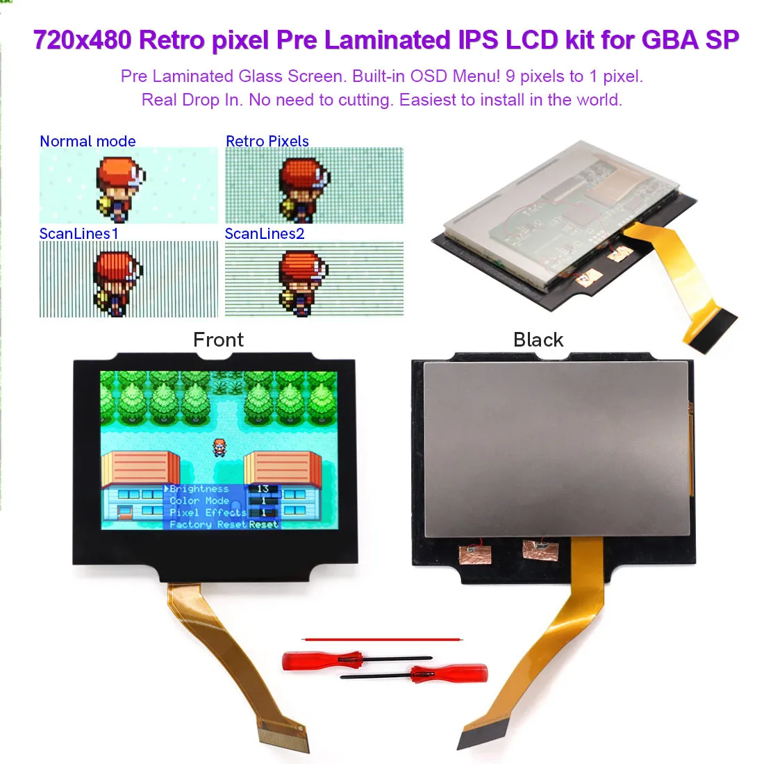 

Upgraded V5 Drop In GBA SP 3.0'' IPS LCD 720x480 Retro Pixel Screen Backlight Kit For Gameboy Advance SP No Need to Cuting Shell