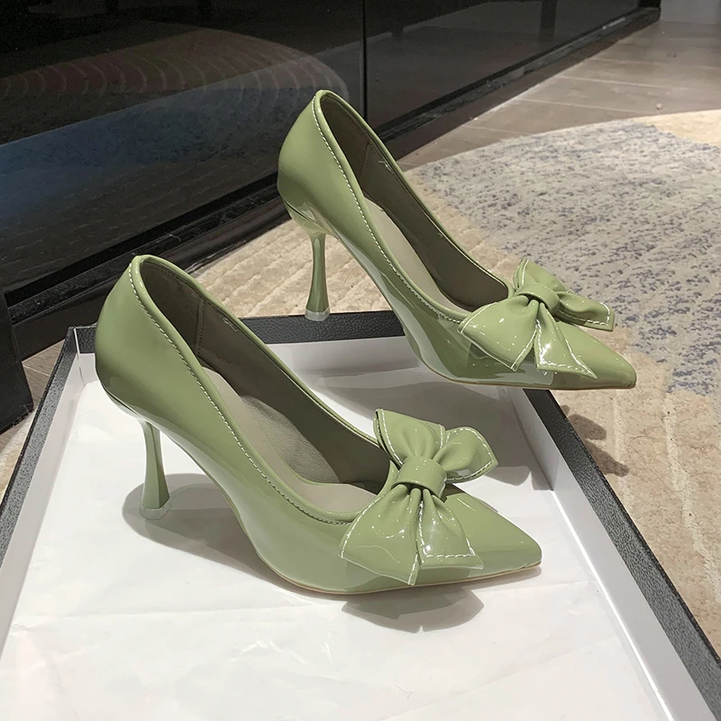 Red Sweet Bowtie Style Pumps Women Slip-On Crystal High Heels Shoes Woman Flock Pointed Toe Elegant Bridal Shoes Women Sandals