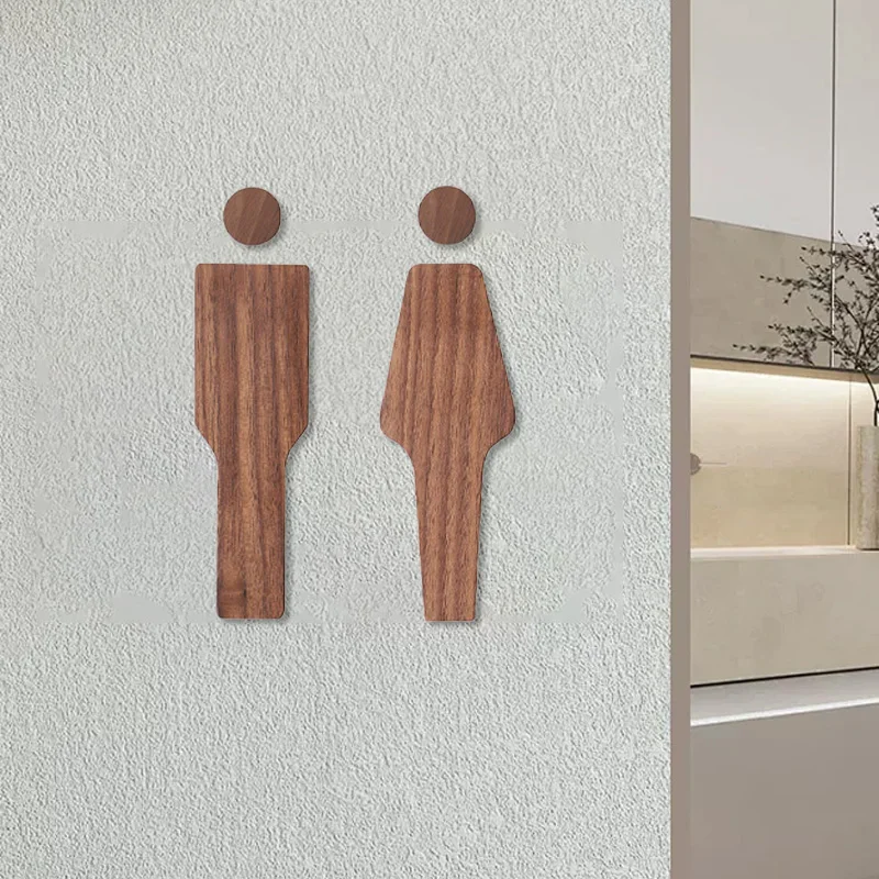 Description Picture 5 of itemOne Pair Women's And Men's Toilet Sign Walnut Wood Self-adhesive Wc Sign Board Retro Minimalist Rest Room Signage Stickers Decor