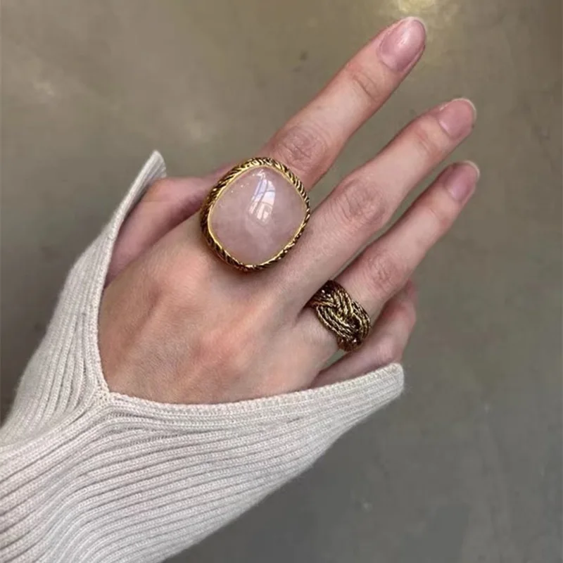 

New French special design turquoise ring women's vintage elegant premium wheat ear woven pink crystal ring