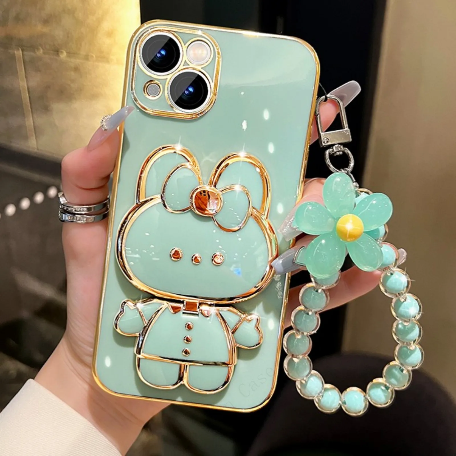 Bunny Mirror Holder Silicone flower Strap Plating Phone Case For iphone 15 14 12 Max MiNi 11 13 Pro X XS XR 7 8 + SE_voghion.com