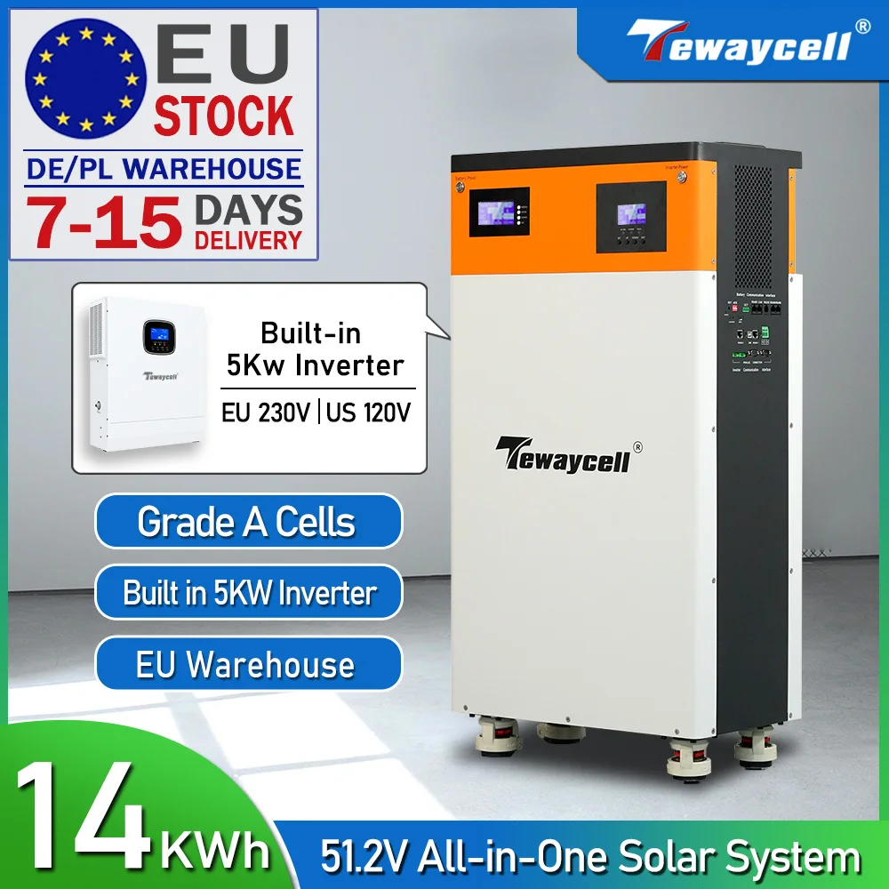 แบตเตอรี่ Tewaycell EU Shipping 14KWh Powerwall LiFePO4 ออลอินวัน 51.2V 280AH พร้อมอินเวอร์เตอร์ 5kW ในตัว ระบบพลังงานแสงอาทิตย์ ESS 1