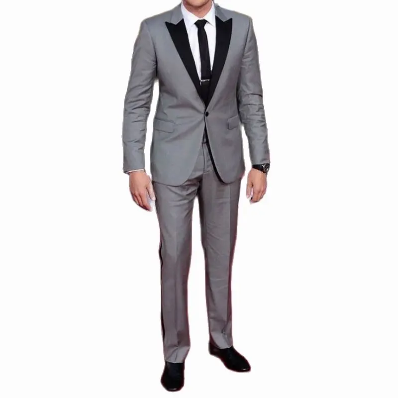 2022 Light Grey Slim fit Groomsmen Peak Black Lapel Groom Tuxedos Mens Suits Wedding Best Men suit (Jacket+Pants） Men Suit