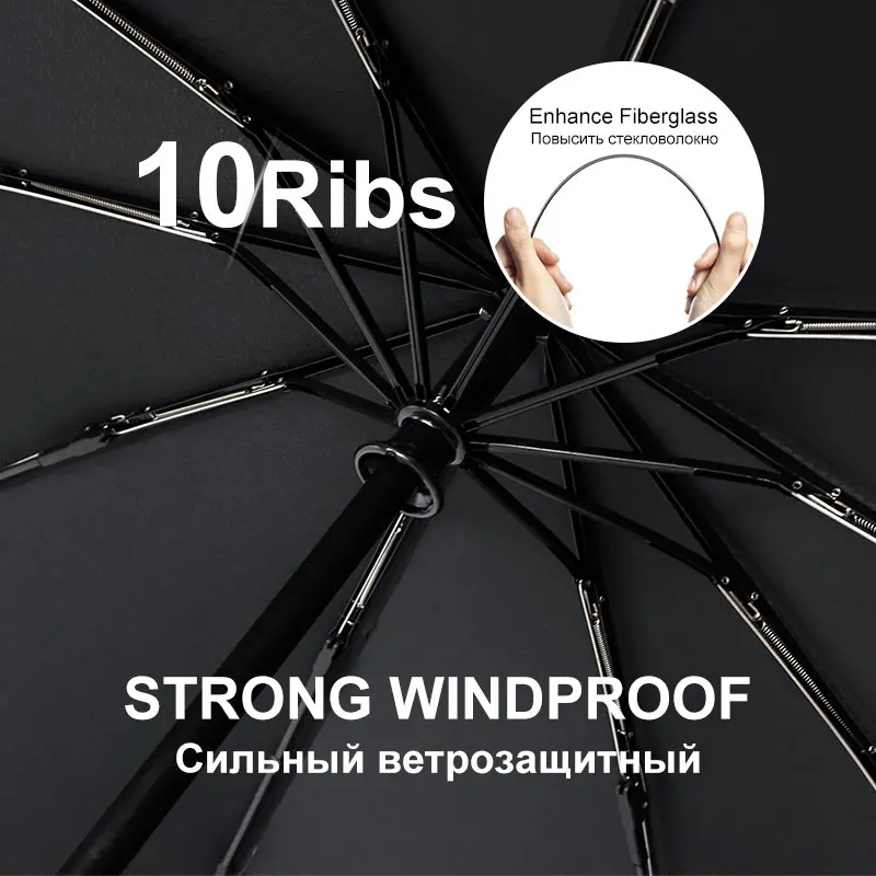 British Leather Handle Umbrella Men Automatic 10Ribs 3 Folding Windproof Umbrella Rain Woman Parasol