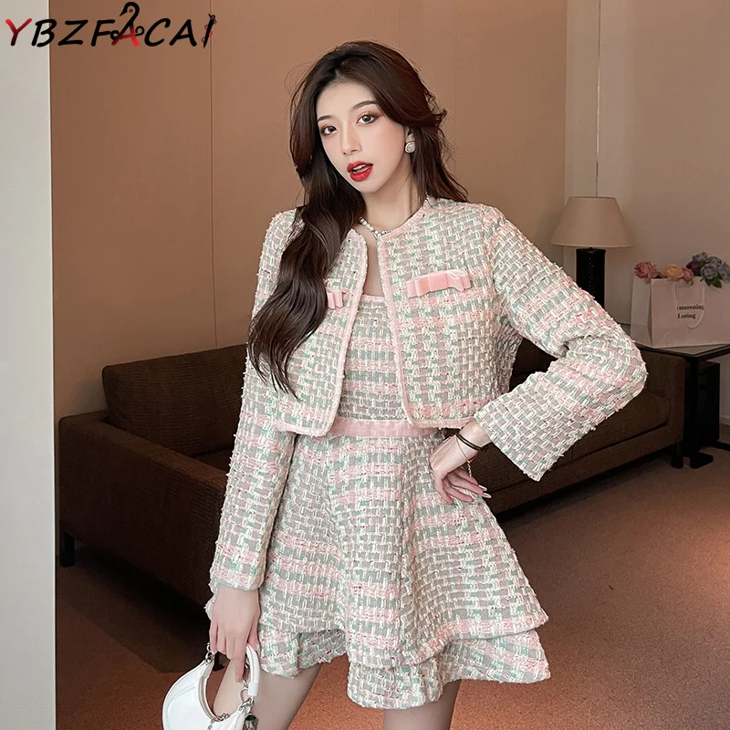 

2022 Falll Winter Sweet Girly Wool Plaid 2-Piece Set of Luxury Bow Pink Tweed Jacket + Ruffled Thin Strap Mini Puff Dress Women