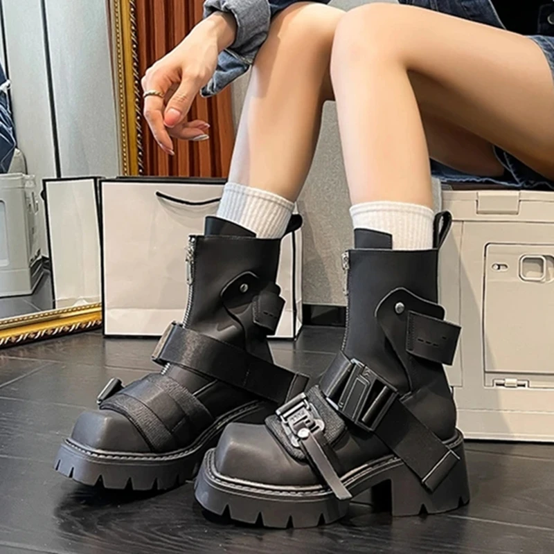 

New Design Women Motorcycle Boots Genuine Leather Thick Sole Zipper Belt Buckle Ankle Boots Street Modern Shoes Modern Shoes 5C