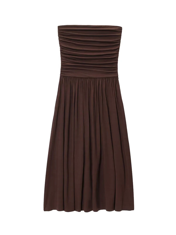 TFMLN 2025 Woman Pleated Dress Fashion Beach Party Midi Strapless Dress Solid Backless Off Shoulder Slim Long Dresses Summer