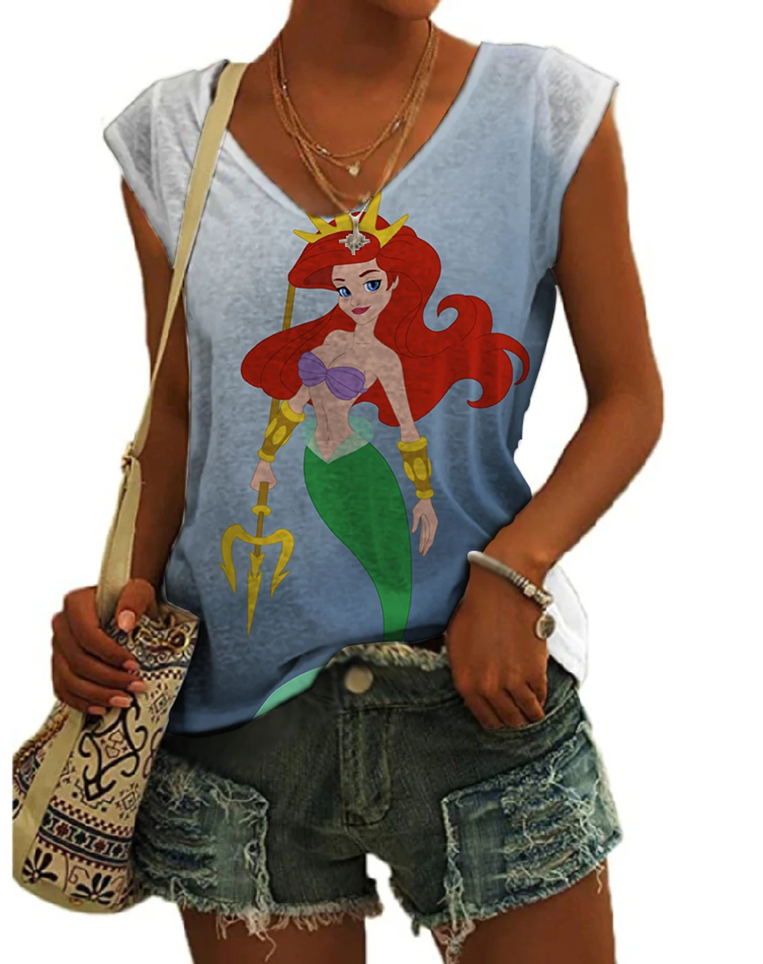 

Disney Ariel Mermaid Anime Print Summer New Street Sleeveless Vest Fashion Versatile Casual Ladies Slim V-Neck Top