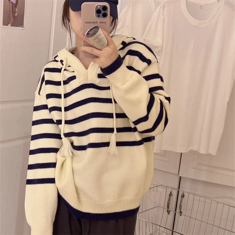 

Autumn Winter 2022 New Stripe Hooded Knitwear Women's Loose Outwear Slouchy Pullover Sweater Coat QWA0