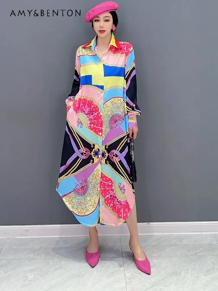 

Loose Temperament Long Sleeve Dress 2023 Spring New Korean Style Polo Collar Shirt Floral Dress Slimming Elegant Women