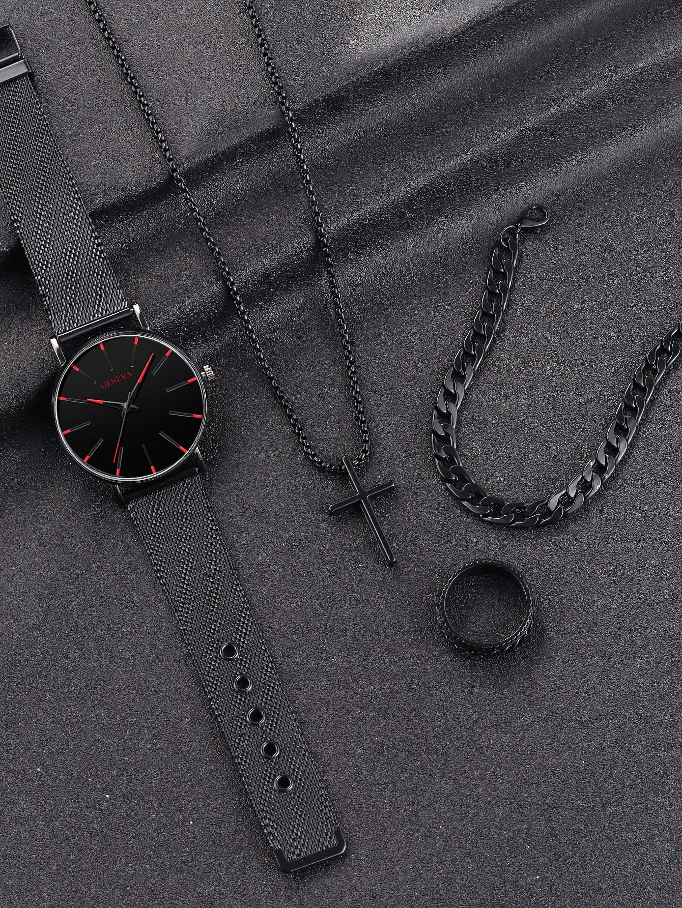 Classic fashion Alloy graduated men's mesh band quartz watch with Necklace Ring Bracelet Set Party Party Gift collection 3