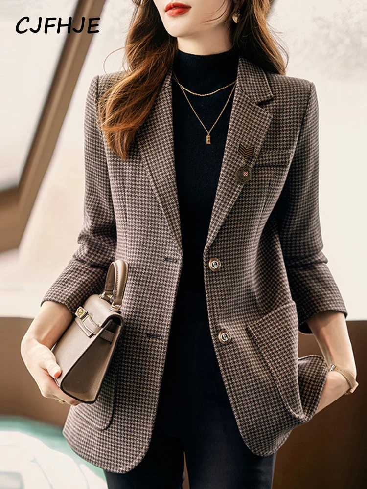 CJFHJE Plaid Green Fashion Suit Jacket Women Gray Autumn Button High Street Blazers Female Elegant Pocket Red Office Lady Blazer womenspring and fall clothes blazer simple beige casual jackets office lady loose women blazers coat female solid suit coats