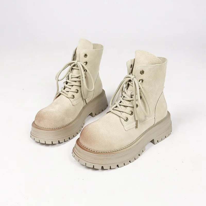 Autumn Winter Retro Fashion Platform Women's Boots Designer Luxury Leather Shoes Female Casual Solid Color Motorcycle Boots
