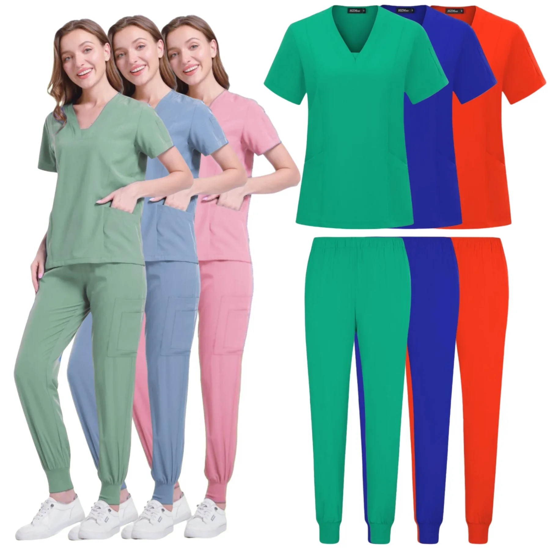 Women Medical Uniforms Elastic Scrubs Sets Hospital Surgical Gowns Short Sleeve Tops Pant Nursing Accessories Doctors Clothes