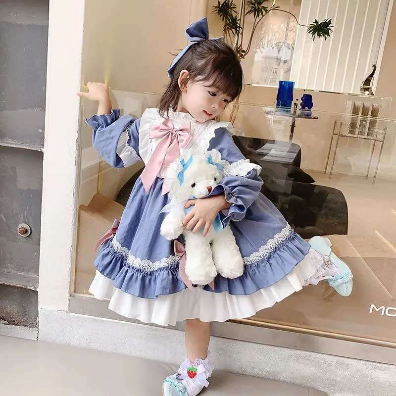 Winter Thicker Lolita Dress Girls Kids New Year Dress Long Sleeve Blue Alice In Wondeland Cute Lolita Doll Teen