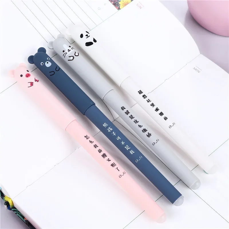 Caneta Gel Apagável Kawaii, Porco, Urso, Gato, Rato, Tinta Azul e Preta, Material Escolar e de Escritório, Papelaria, 0.35mm, 4 Pcs por Conjunto