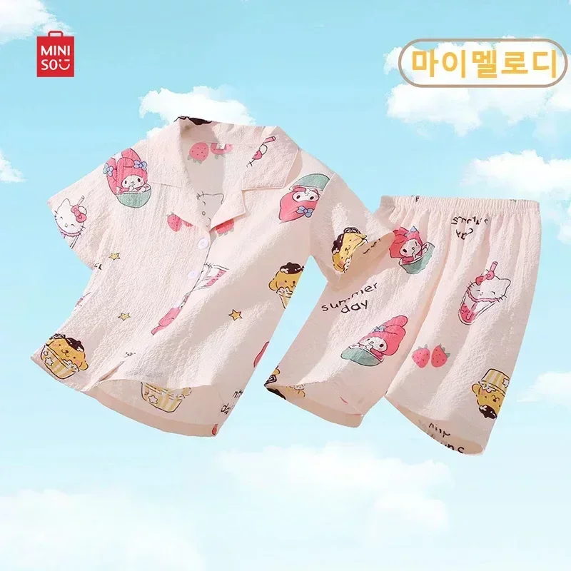 어린이 잠옷 세트, 애니메이션 시나모롤 포차코 헬로 키티, 어린이 가디건, 반팔 잠옷, 소녀 소년 홈웨어, 여름