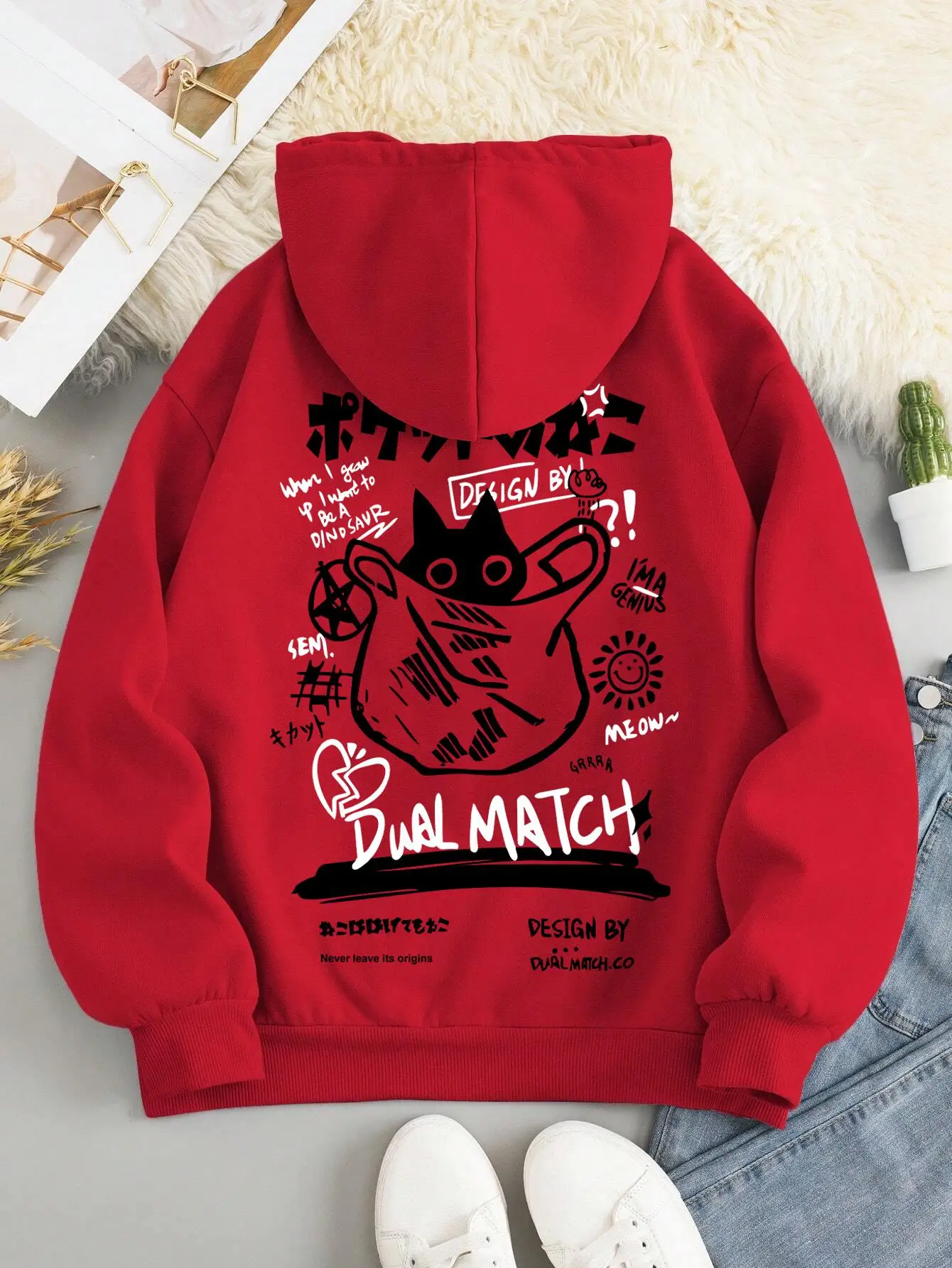 

Y2K Womens Cartoon Hoodies Summer Harajuku Kawaii Cat Printed Pullovers Tops Couple Streetwear Pocket Loose Sweatshirt Clothes